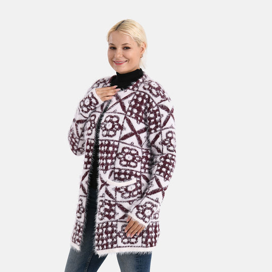 Gemusterter Cardigan mit Taschen, Einheitsgröße, Retro-Muster, Weinrot