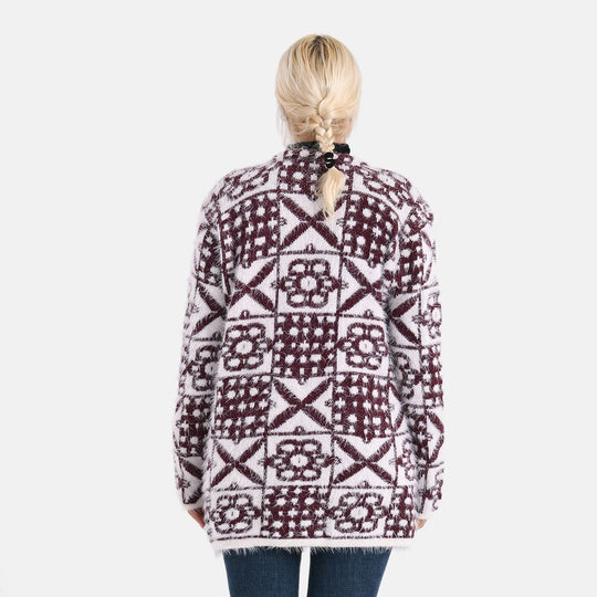 Gemusterter Cardigan mit Taschen, Einheitsgröße, Retro-Muster, Weinrot