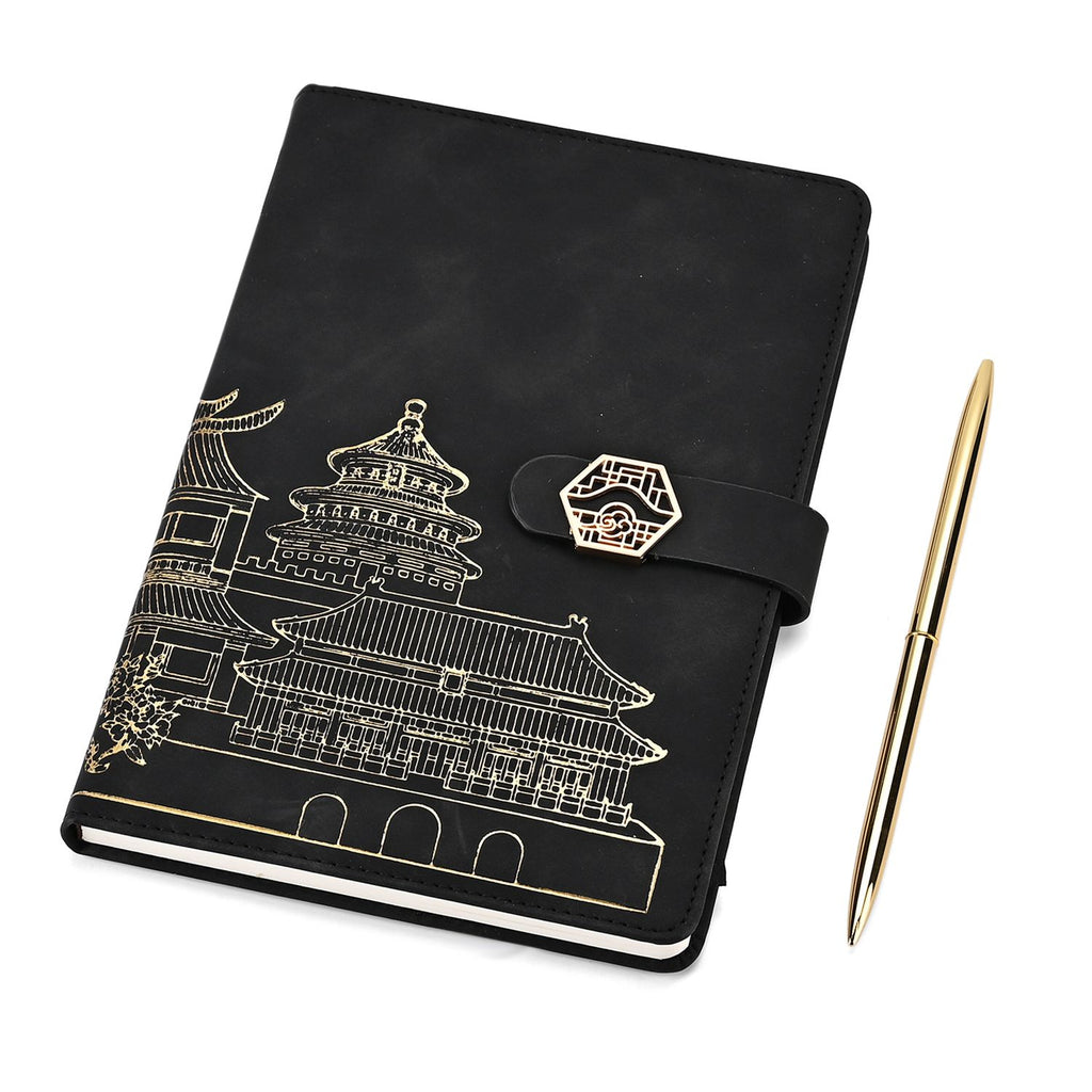 LIVMORE - 2er Set A5 Notizbuch mit Stift Umschlag mit Magnetverschluss Motiv Himmelstempel Nationaler Landschaftsstil Schwarz