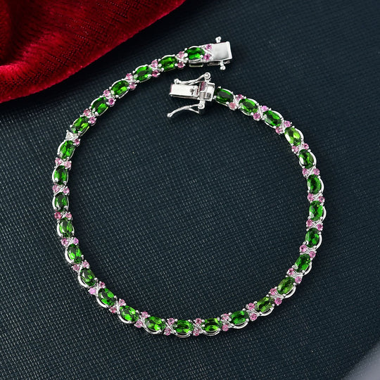 D'joy Natürlicher Chromdiopsid, Natürlicher Rhodolith Granat Armband ca. 20 cm 925 Silber rhodiniert ca. 8.67 ct