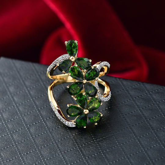 Natürlicher Chromdiopsid, Weißer Zirkon Ring 925 Silber 750 Gelbgold Vermeil (Größe 18.00) ca. 5.70 ct