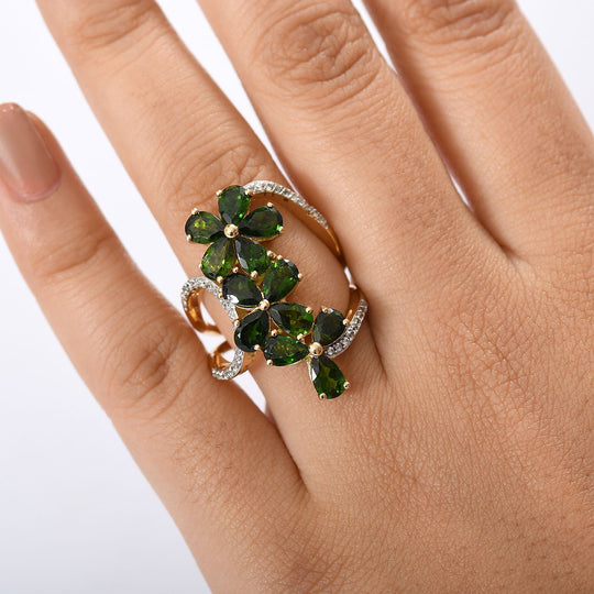 Natürlicher Chromdiopsid, Weißer Zirkon Ring 925 Silber 750 Gelbgold Vermeil (Größe 18.00) ca. 5.70 ct