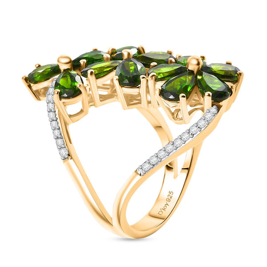 Natürlicher Chromdiopsid, Weißer Zirkon Ring 925 Silber 750 Gelbgold Vermeil (Größe 18.00) ca. 5.70 ct
