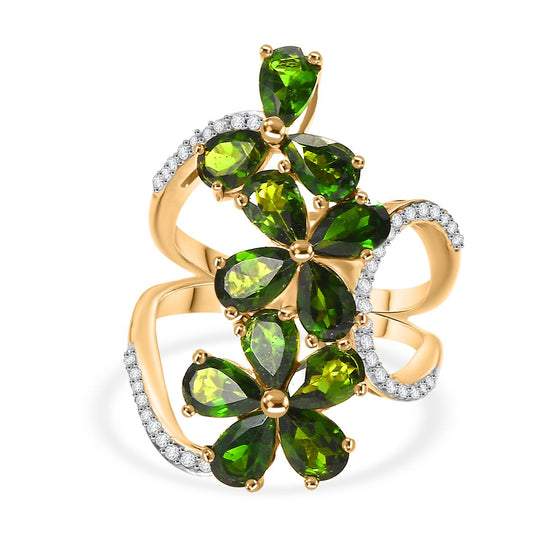 Natürlicher Chromdiopsid, Weißer Zirkon Ring 925 Silber 750 Gelbgold Vermeil (Größe 18.00) ca. 5.70 ct