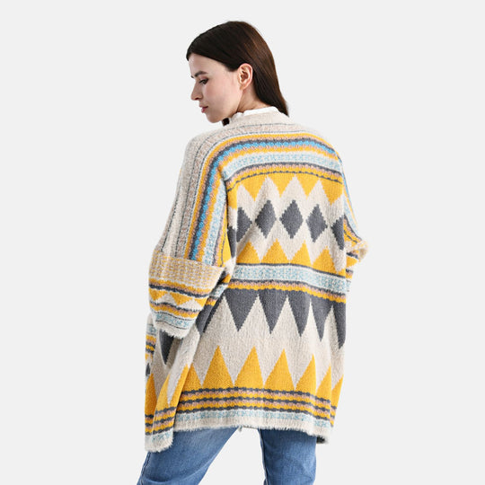 Cardigan mit grafischem Rautenmuster und Taschen, One Size, 73x80 cm, Sonnengelb