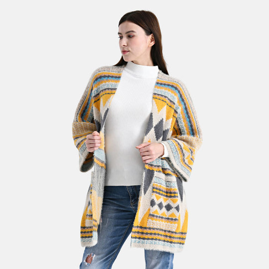 Cardigan mit grafischem Rautenmuster und Taschen, One Size, 73x80 cm, Sonnengelb