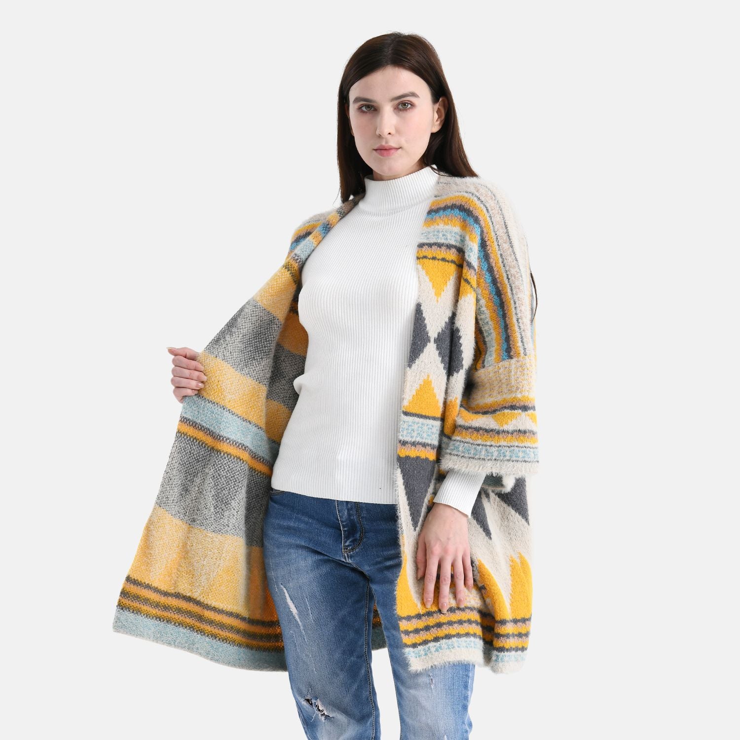 Cardigan mit grafischem Rautenmuster und Taschen, One Size, 73x80 cm, Sonnengelb