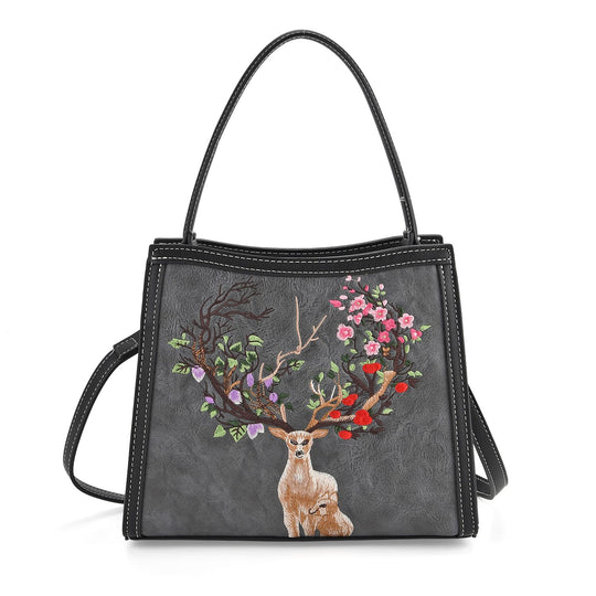 Bestickte Crossbody Tasche, Kunstleder, Rentier Design, 25 x 11 x 21 cm, Blau