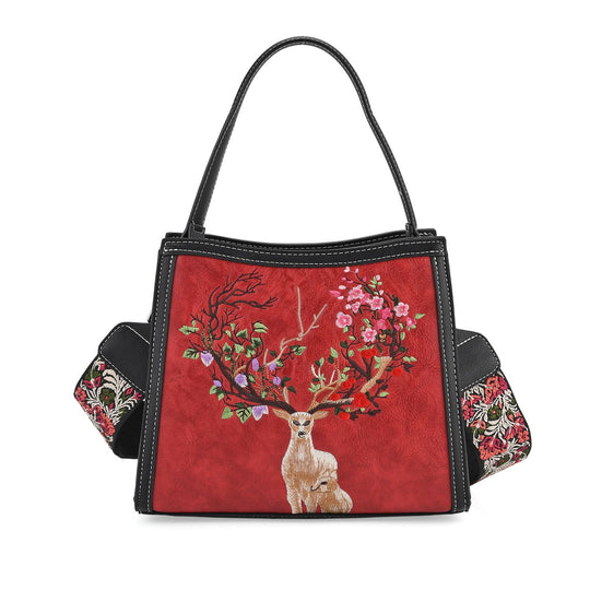 Bestickte Crossbody Tasche, Kunstleder, Rentier Design, 25 x 11 x 21 cm, Blau