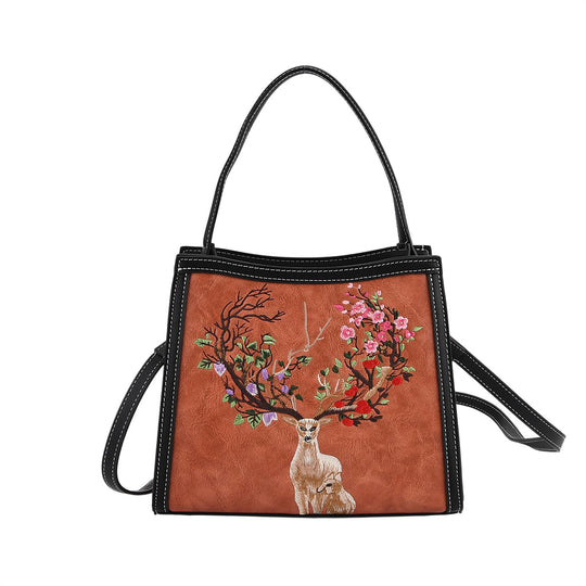Bestickte Crossbody Tasche, Kunstleder, Rentier Design, 25 x 11 x 21 cm, Blau