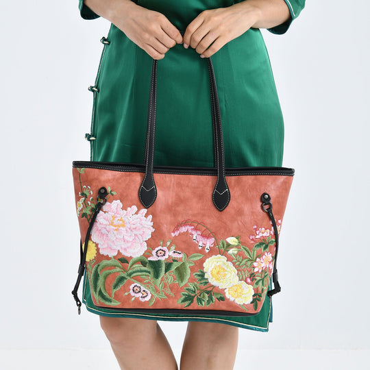 Bestickter Shopper, Kunstleder, Blumen Design, 46 x 15 x 28 cm, Blau