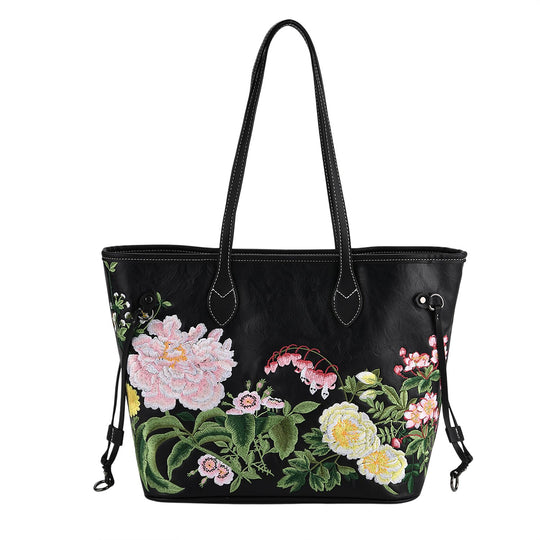Bestickter Shopper, Kunstleder, Blumen Design, 46 x 15 x 28 cm, Blau