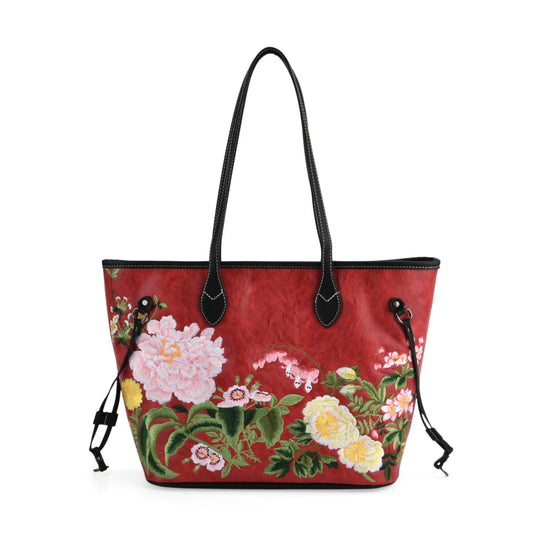Bestickter Shopper, Kunstleder, Blumen Design, 46 x 15 x 28 cm, Blau