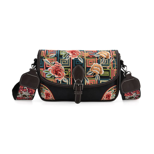 Bestickte Kunstleder Crossbody Tasche, Blumen Design, 22 x 8 x 16 cm, Schwarz