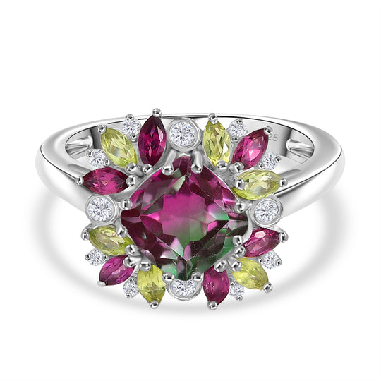 Blooming Petals - D'joy Wassermelonen Quarz Triplette, Natürlicher Rhodolith Granat Ring 925 Silber rhodiniert (Größe 21.00) ca. 4.11 ct