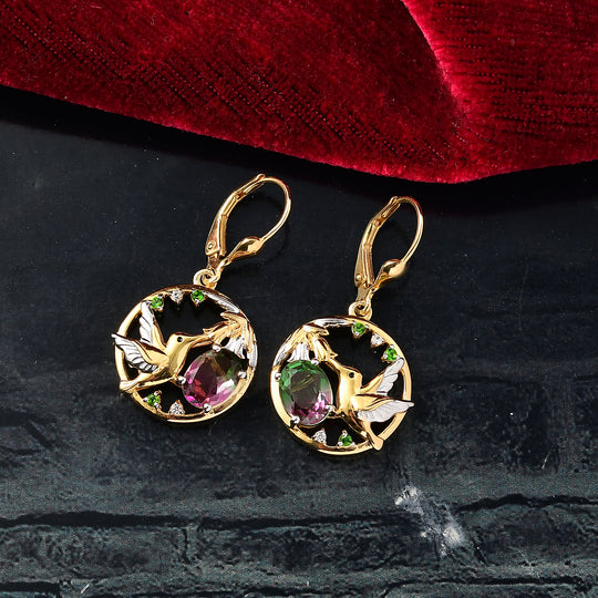 Nature's Kiss - D joy Wassermelonen Quarz Triplette, Natürlicher Chromdiopsid Ohrringe 925 Silber platiniert und vergoldet ca. 2,78 ct.