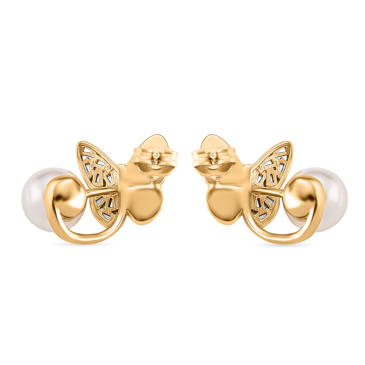 Weiße Muschelkernperle (5-9mm), weiße Perlmutt und Zirkonia Ohrringe, Messing
