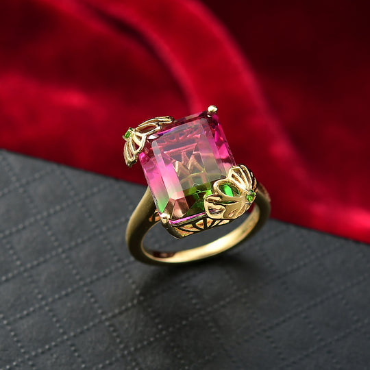 Lotus Ember - D joy Wassermelonen Quarz Triplette, Natürlicher Chromdiopsid Ring 925 Silber 750 Gelbgold Vermeil (Größe 21.00) ca. 11.58 ct