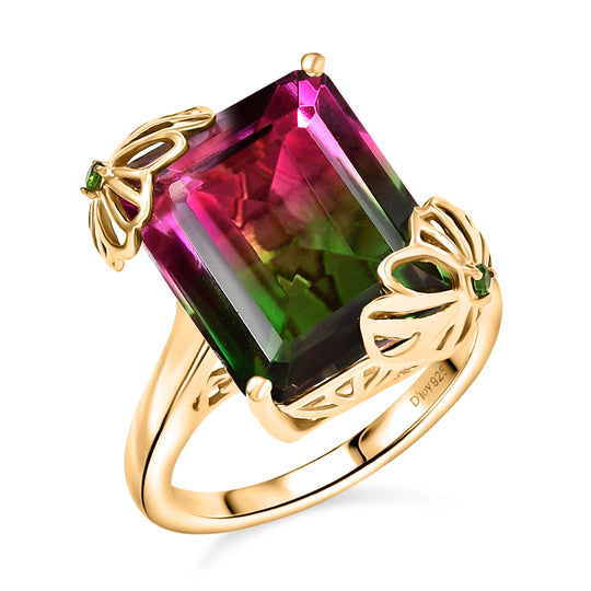 Lotus Ember - D joy Wassermelonen Quarz Triplette, Natürlicher Chromdiopsid Ring 925 Silber 750 Gelbgold Vermeil (Größe 21.00) ca. 11.58 ct