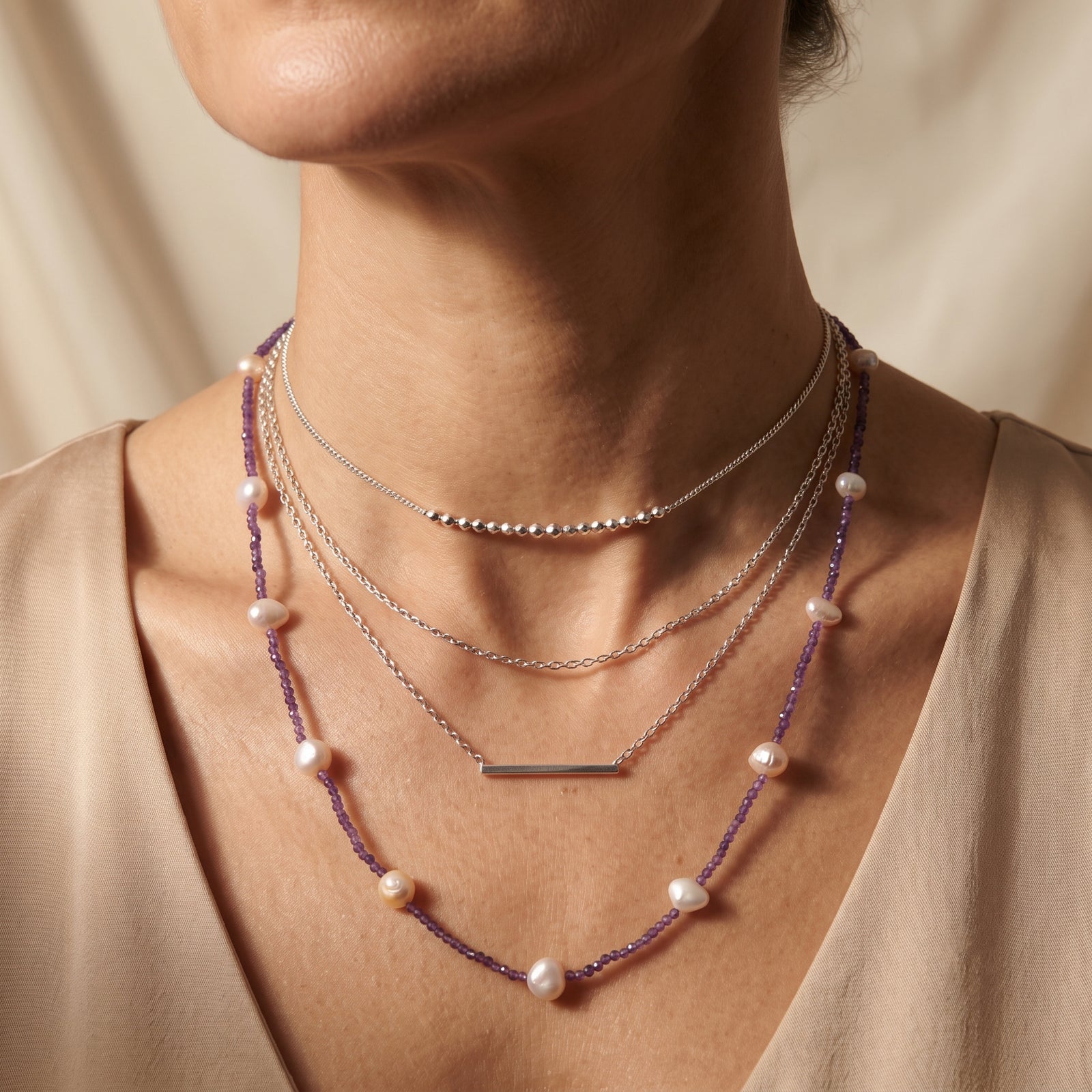 AA Mehrfarbige Süßwasser Perle, Afrikanischer Amethyst Halskette ca. 60 cm 925 Silber Rhodiniert 65.00 ct