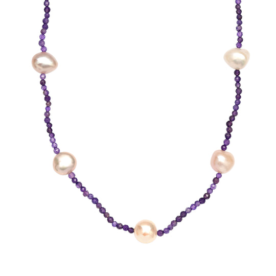 AA Mehrfarbige Süßwasser Perle, Afrikanischer Amethyst Halskette ca. 60 cm 925 Silber Rhodiniert 65.00 ct