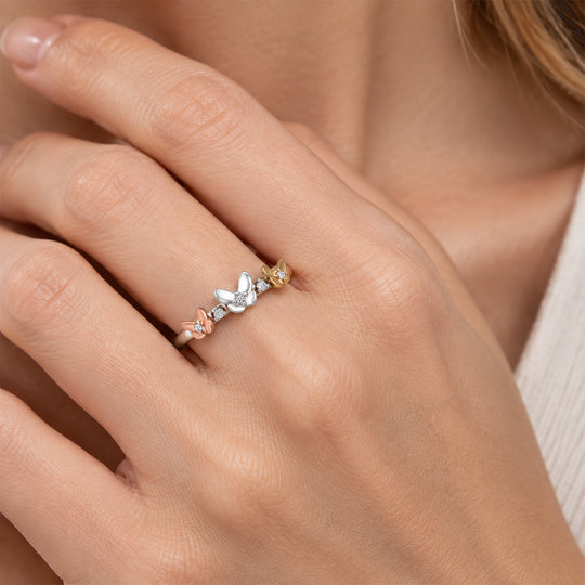 LUXURIANT SI-GH Labor Diamantakzent Ring, 925 Silber rhodiniert, 750 Gelbgold Vermeil und 750 Roségold Vermeil