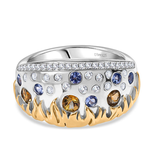 Fire and Ice Collection - Natürlicher goldener Tansanit, Tansanit Ring 925 Silber Rhodiniert und 750 Gelbgold Vermeil (Größe 19.00) ca. 0.98 ct
