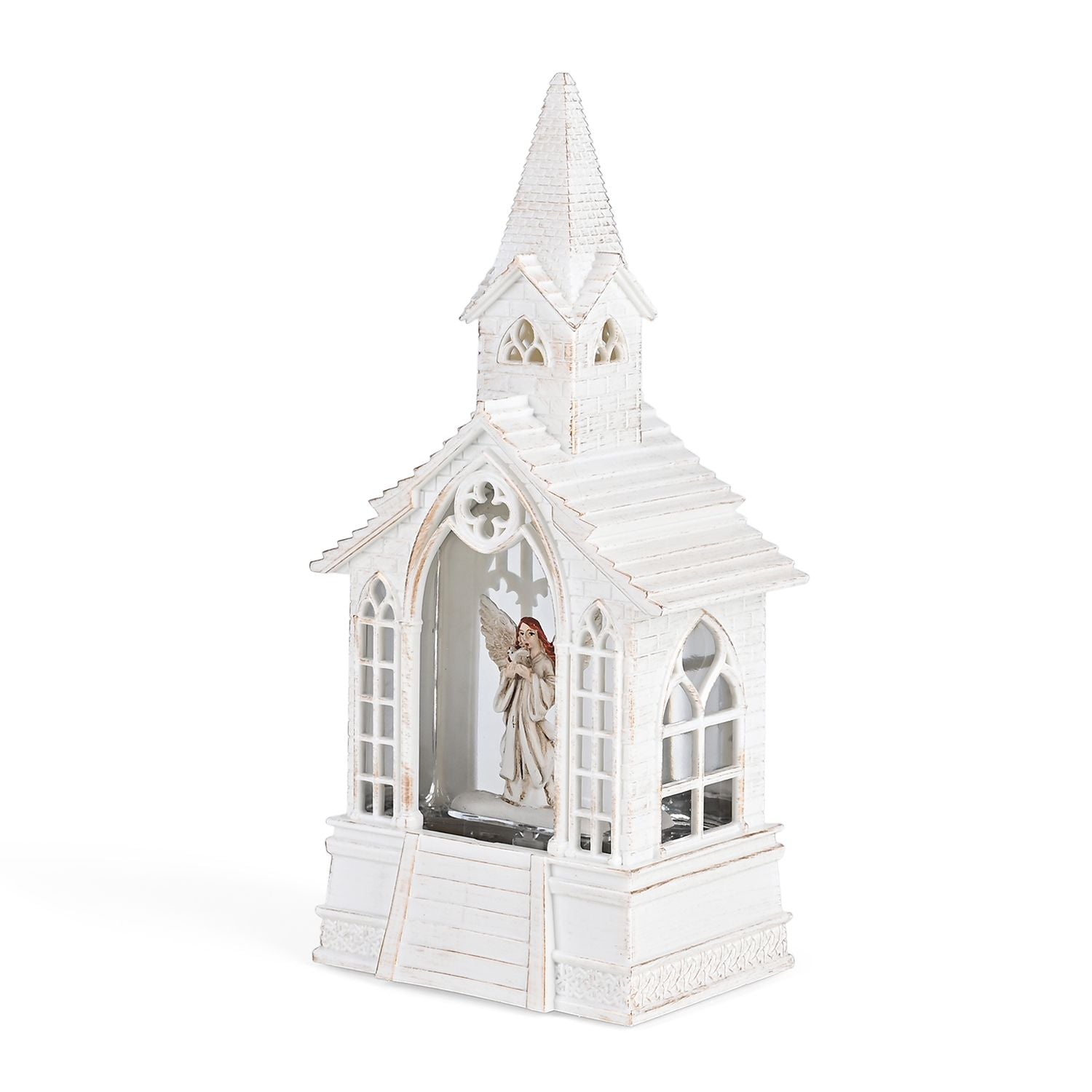 Weihnachts Deko Wasser Lampe Kirche Engel, warmweißes LED, 2 Weihnachtsmelodien, 11 x 7.8 x 23 cm, Weiß, Batteriebetrieb 3 x AAA nicht enthalten