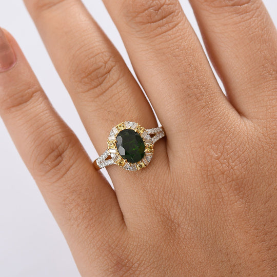 D'Joy Natürlicher Chromdiopsid, Gelber Saphir Ring 925 Silber 750 Gelbgold Vermeil (Größe 20.00) ca. 2,52 ct