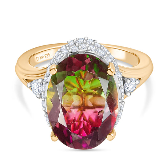 Vine Whisper D joy Wassermelonen Quarz Triplette, Weißer Zirkon Ring 925 Silber platiniert und vergoldet (Größe 19.00) ca. 6.84 ct