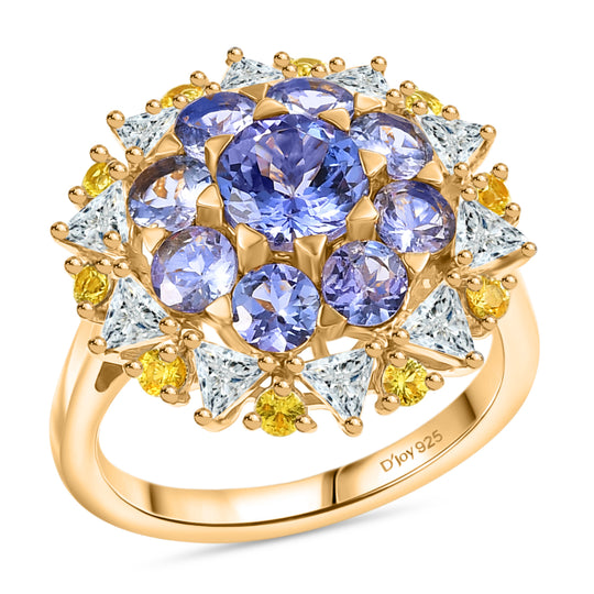 DJoy Tansanit, Moissanit und Gelber Saphir Ring 925 Silber 750 Gelbgold Vermeil (Größe 17.00) ca. 3.47 ct