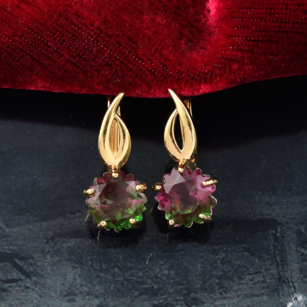 Bloom Flare - D joy Wassermelonen Quarz Triplette Ohrringe 925 Silber 750 Gelb Vergoldet  (5-10 Werktage Lieferzeit) ca. 7,58 ct.