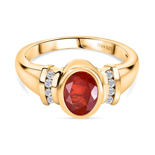 Djoy AAA Blaze Feueropal, Weißer Zirkon Ring 925 Silber 750 Gelbgold Vermeil (Größe 20.00) ca. 1.01 ct