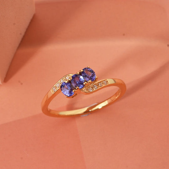 Tansanit, Weißer Zirkon Ring 925 Silber vergoldet (Größe 20.00) ca. 0.61 ct