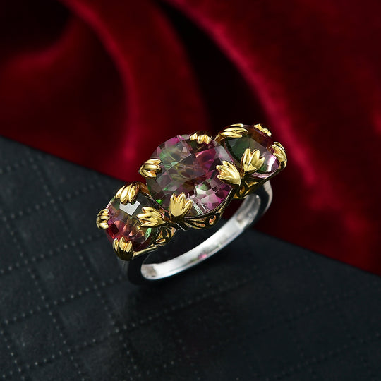 Lotus Trilogy - D joy Wassermelonen Quarz Triplette Ring, 925 Silber platiniert und vergoldet (Größe 17.00) ca. 6.96 ct