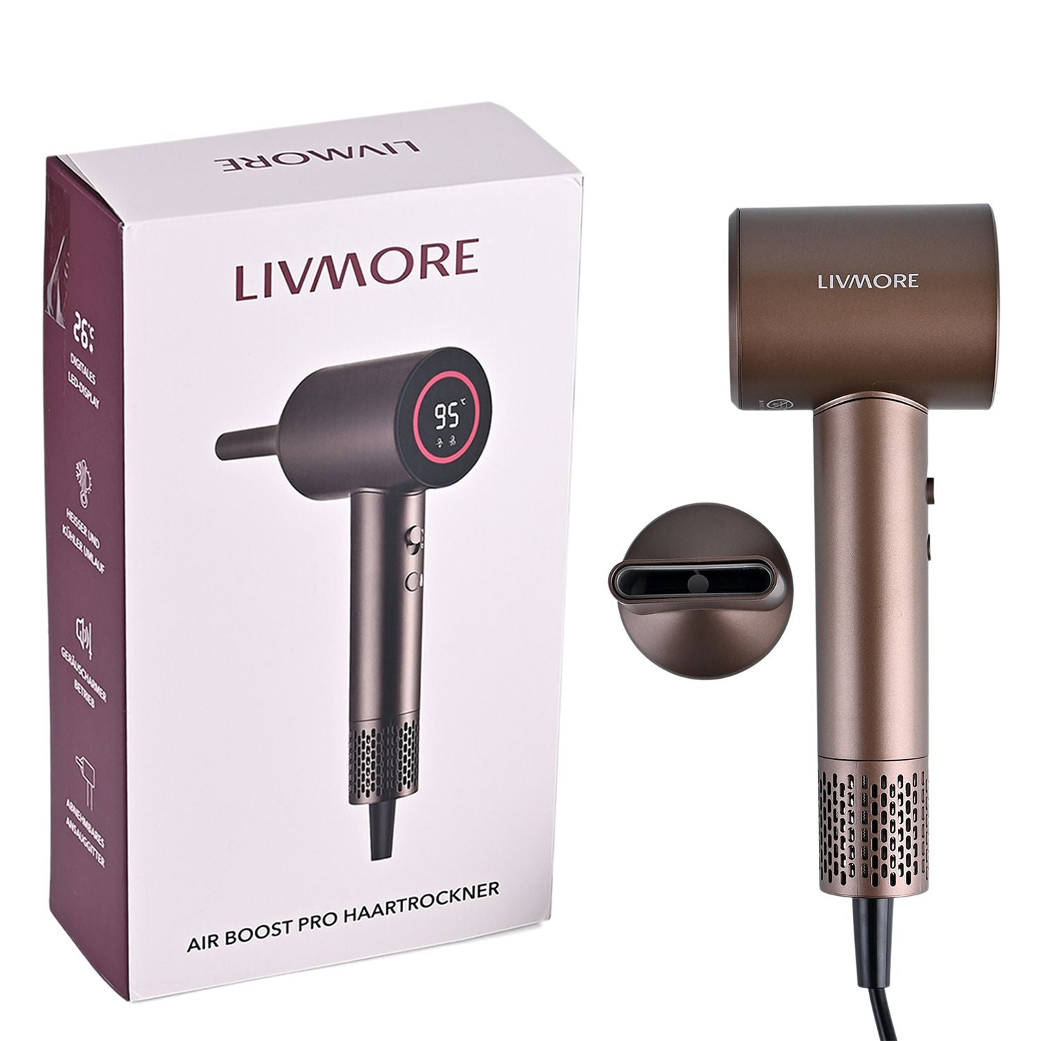 LIVMORE Haartrockner Hochgeschwindigkeit, bürstenloser Motor, 110000 U min, Ionen Technologie, 360 Grad Magnet Aufsatz, 4 Heizstufen 3 Geschwindigkeiten, LED Ring, VDE Stecker, 1,7m Kabel, 9,5x7,5x25cm