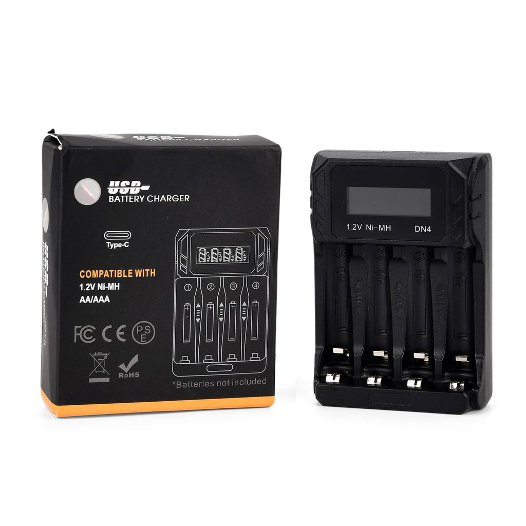 Kompakt-Ladegerät für AA/AAA NiMH - 4 Schächte, LCD, USB