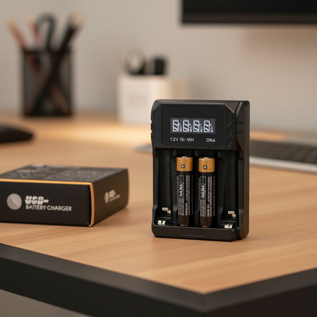 Kompakt-Ladegerät für AA/AAA NiMH - 4 Schächte, LCD, USB