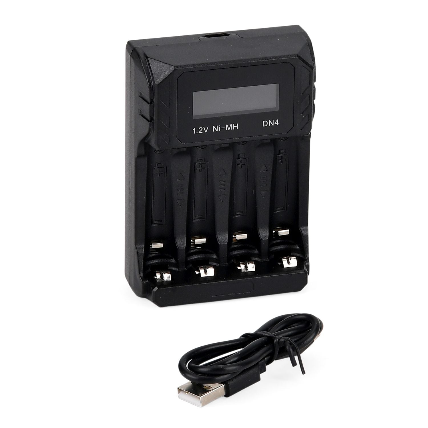 Kompakt-Ladegerät für AA/AAA NiMH - 4 Schächte, LCD, USB