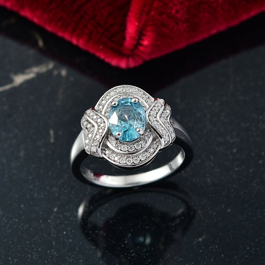 D'Joy AA Blauer Zirkon, Moissanit Ring 925 Silber Rhodiniert (Größe 20.00) ca. 2,29 ct
