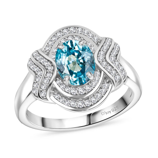D'Joy AA Blauer Zirkon, Moissanit Ring 925 Silber Rhodiniert (Größe 20.00) ca. 2,29 ct