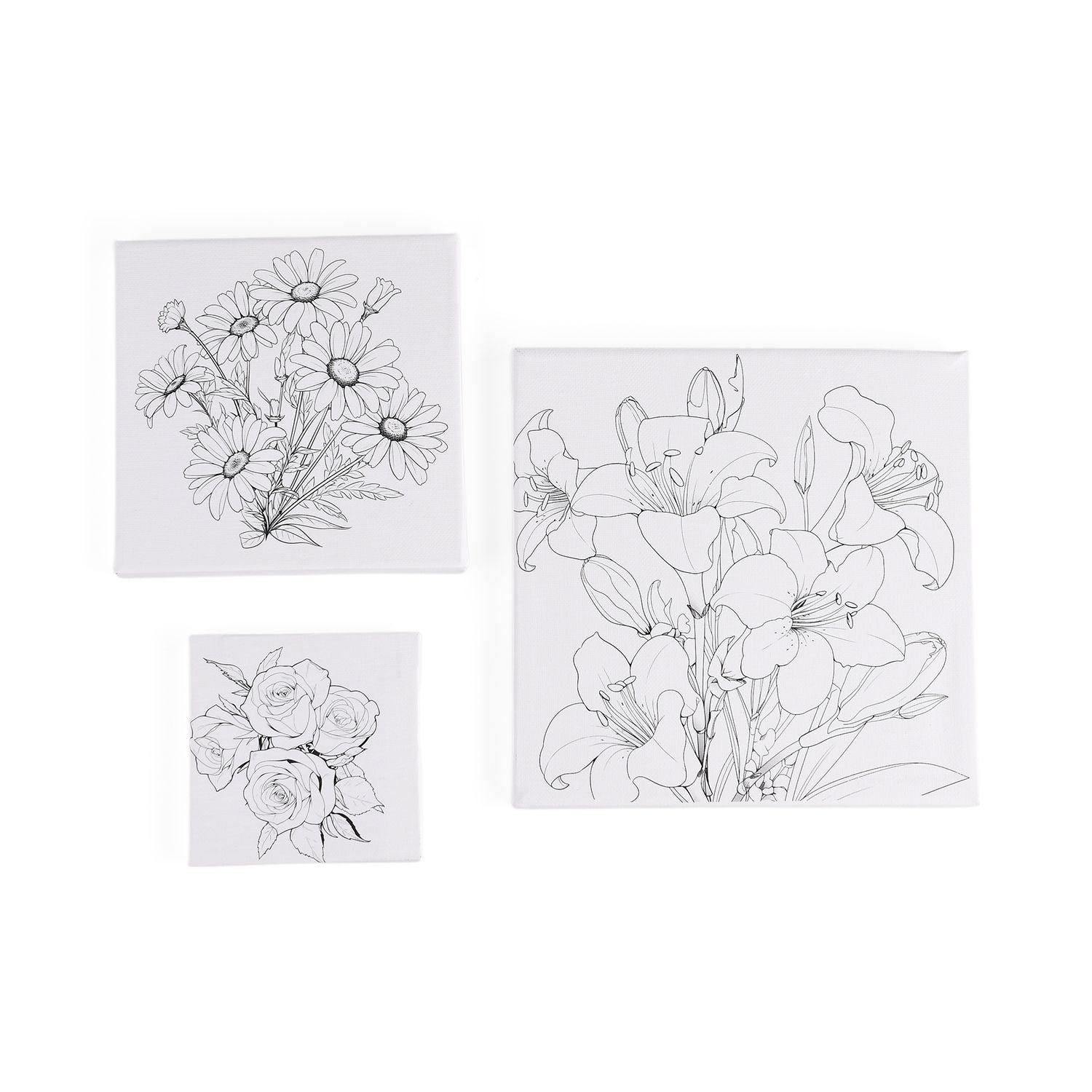 Leinwand-Malset - 3-teiliges Set mit Rosen-, Gänseblümchen- und Lilienmotiv, inklusive Farben, Mischpalette und Pinseln