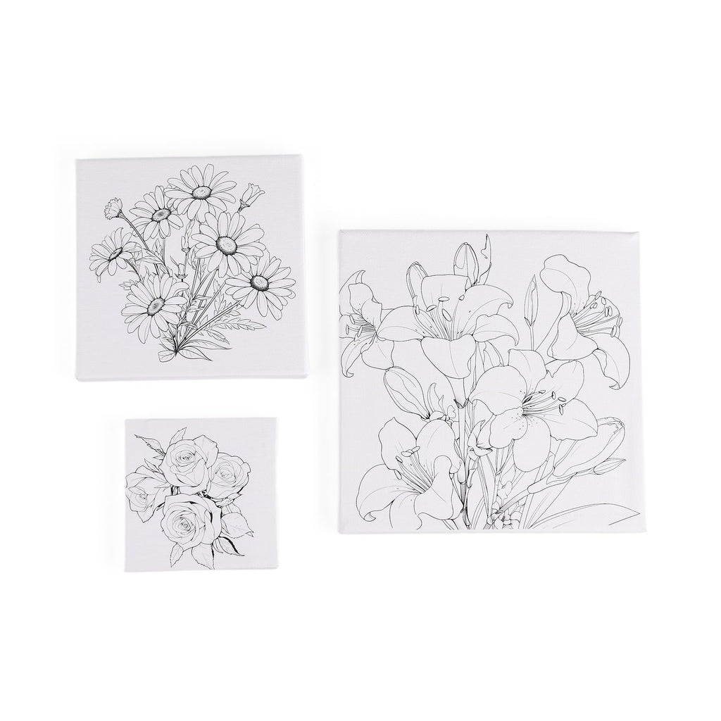 Leinwand-Malset - 3-teiliges Set mit Rosen-, Gänseblümchen- und Lilienmotiv, inklusive Farben, Mischpalette und Pinseln