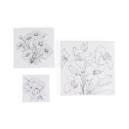Leinwand-Malset - 3-teiliges Set mit Rosen-, Gänseblümchen- und Lilienmotiv, inklusive Farben, Mischpalette und Pinseln