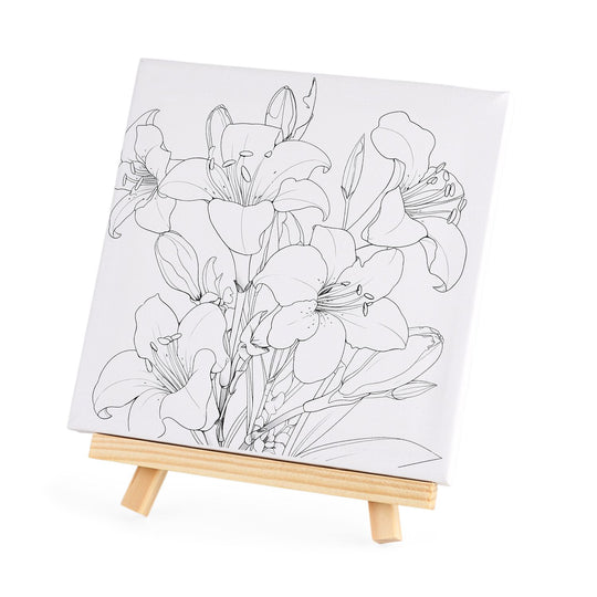 Leinwand-Malset - 3-teiliges Set mit Rosen-, Gänseblümchen- und Lilienmotiv, inklusive Farben, Mischpalette und Pinseln