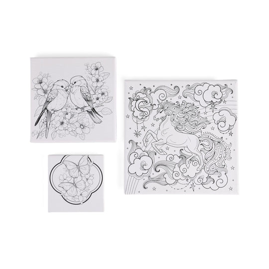 Leinwand-Malset - 3-teiliges Set mit Schmetterlings-, Elster- und Einhornmotiv, inklusive Farben, Mischpalette und Pinseln