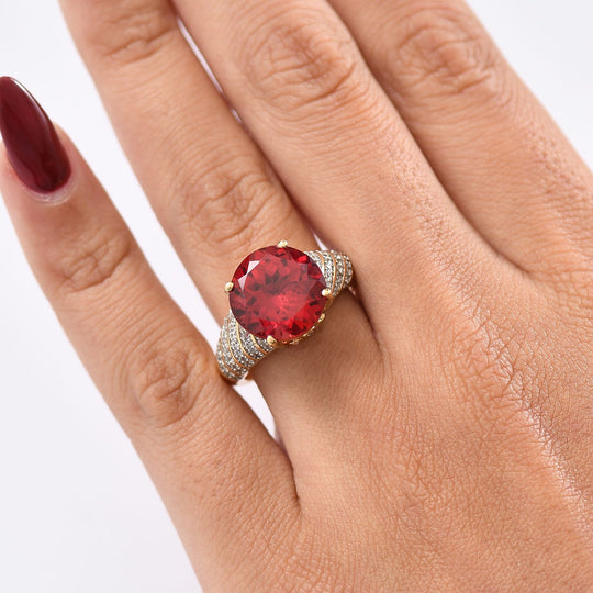 Djoy Lab Created Padparadscha-Saphir, Weißer Zirkon Ring 925 Silber 750 Gelbgold Vermeil (Größe 17.00) ca. 9,31 ct