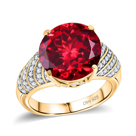 Djoy Lab Created Padparadscha-Saphir, Weißer Zirkon Ring 925 Silber 750 Gelbgold Vermeil (Größe 17.00) ca. 9,31 ct