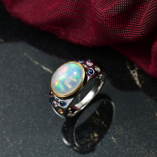 AA Natürlicher, äthiopischer Welo Opal, Mehrfarbig Saphir Ring 925 Silber rhodiniert (Größe 20.00) ca. 3,20 ct