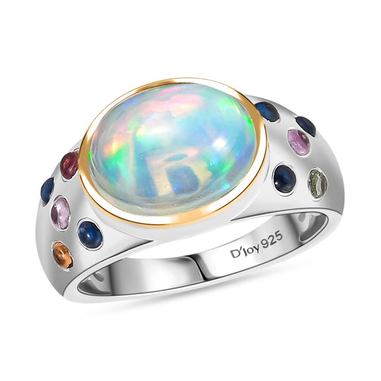AA Natürlicher, äthiopischer Welo Opal, Mehrfarbig Saphir Ring 925 Silber rhodiniert (Größe 20.00) ca. 3,20 ct